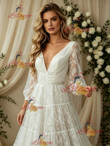 White Lace V-neck Long Sleeve Wedding Dress