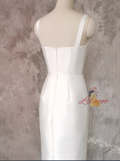 White Satin Spaghetti Straps Wedding Dress