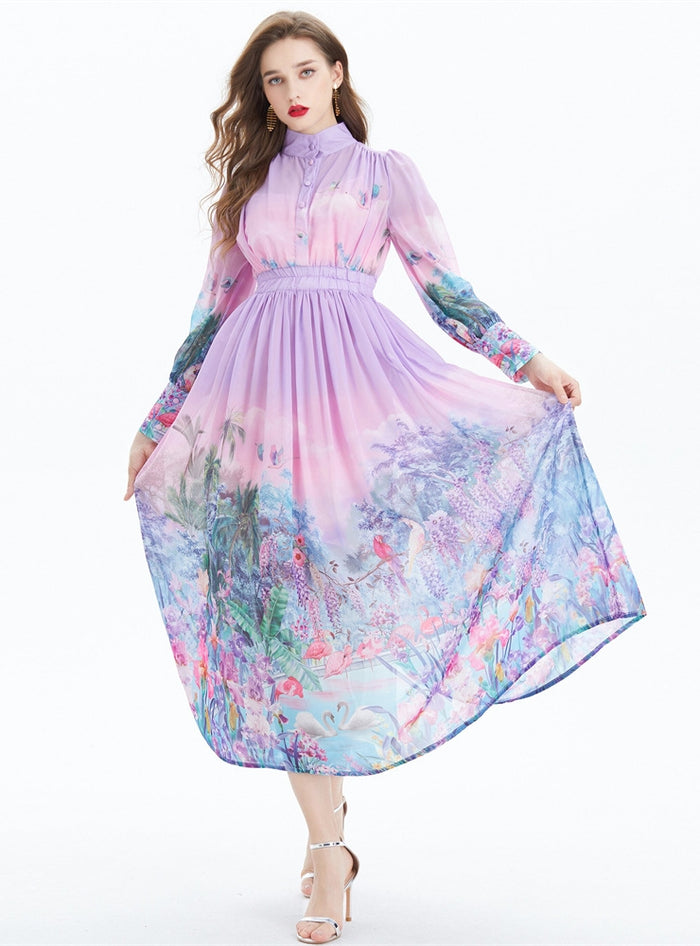 Printed Long Chiffon Holiday Dress