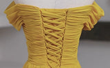 Yellow Chiffon Off the Shoulder Pleats Prom Dress