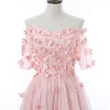 Pink Lace Short Sleeve Flower Homecoming Dress