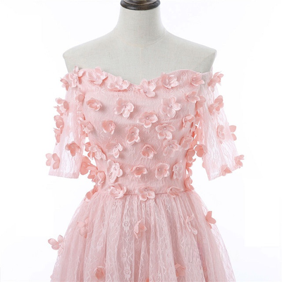 Pink Lace Short Sleeve Flower Homecoming Dress