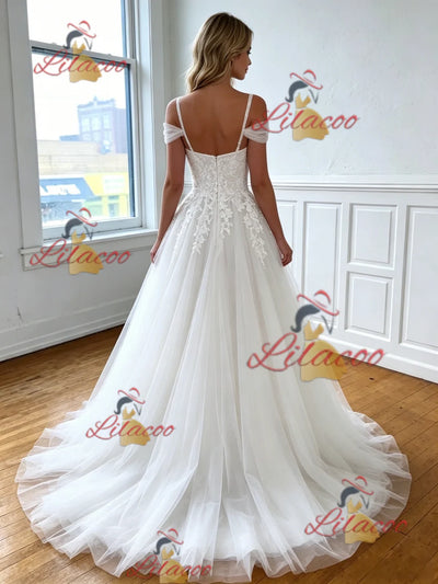 White Tulle Straps Appliques Wedding Dress