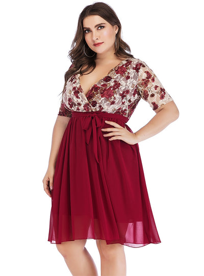 Stitching Chiffon V-neck Short Sleeve Dress