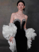 Burgundy Velvet Pearls Prom Dress