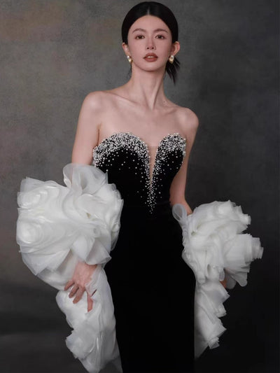 Burgundy Velvet Pearls Prom Dress