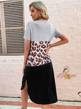 Slim-fit Short-sleeved Split Leopard Print Dress