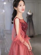 Burgundy Tulle Sequins Beading Long Sleeve Prom Dress