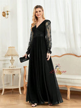 Black Tulle Lace Long Sleeve V-neck Prom Dress