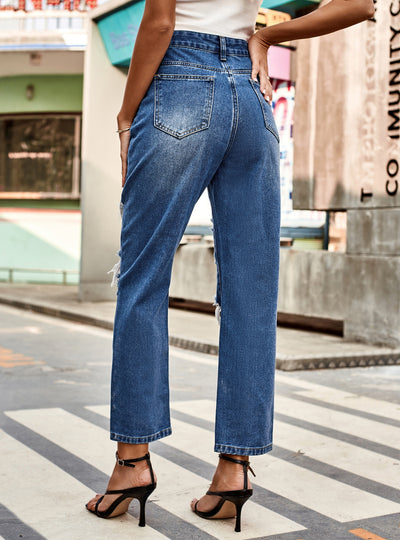 Hole Straight Cropped Trousers Jeans