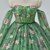 Green Tulle Long Sleeve Embroidery Prom Dress