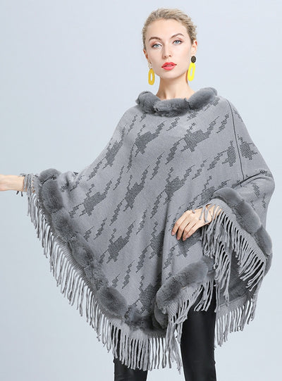 Geometric Jacquard Fur Collar Tassel Pullover Cloak