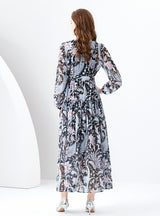 V-neck Lantern Sleeve Long Retro Print Dress