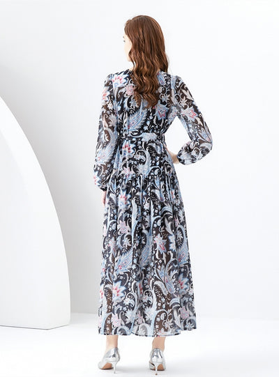V-neck Lantern Sleeve Long Retro Print Dress