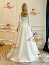 White Satin Square Neck Long Sleeve Wedding Dress