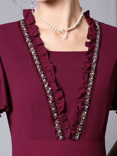 Burgundy Chiffon Pleats Mother of the Bride Dress
