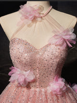 Pink Sequins Beading Halter Flower Homecoming Dress