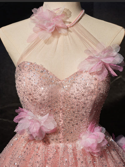 Pink Sequins Beading Halter Flower Homecoming Dress