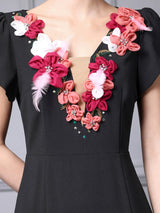 Black Cap Sleeve 3D Flower Mother of the Bride Dress