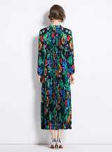 Printed Pleated Fringed Belt Dress