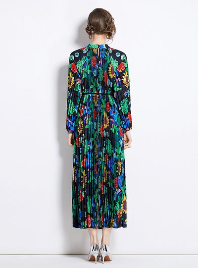 Printed Pleated Fringed Belt Dress