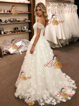 White Tulle Off the Shoulder 3D Flower Wedding Dress