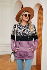 Leopard Print Contrast Stitching Pocket Long Sleeve Top