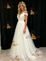 White Tulle Straps Pleats Wedding Dress