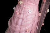 Pink Mermaid Tulle Strapless Flower Prom Dress