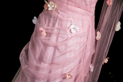 Pink Mermaid Tulle Strapless Flower Prom Dress