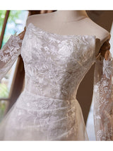 White Mermaid Lace Tulle Long Sleeve Wedding Dress