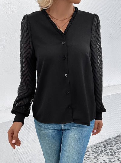 Lace Stitching Long Sleeve V-neck Shirt