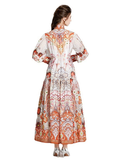 Long Sleeve Retro Lantern Sleeve Printed Dress