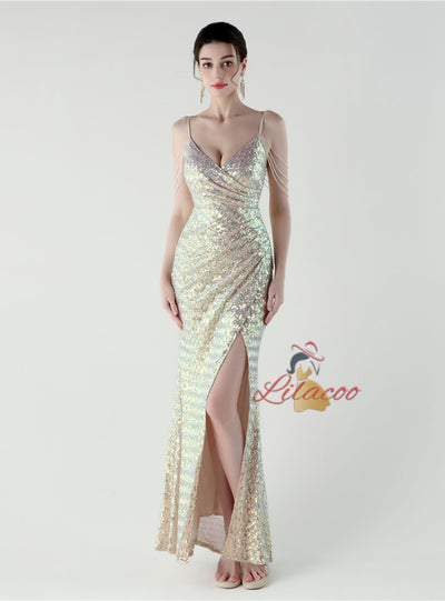 Mermaid Sequins Spaghetti Straps Beading Prom Dress