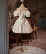 White Satin Puff Sleeve Wedding Dress