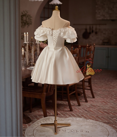 White Satin Puff Sleeve Wedding Dress