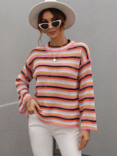 Spliced Loose Round Neck Striped Sweater