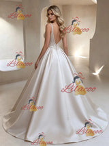 Ivory Satin V-neck Beading Wedding Dress