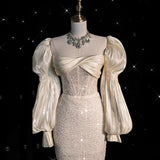 Ivory Satin Sequins Long Sleeve Wedding Dress