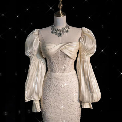 Ivory Satin Sequins Long Sleeve Wedding Dress