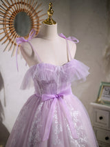 Purple Tulle Lace Straps Pleats Homecoming Dress