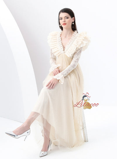 V-neck Long Sleeve Lace Gauze Long Dress