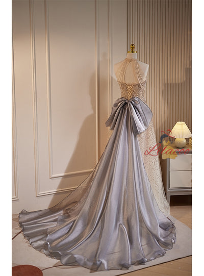 Champagne Sequins Halter Bow Prom Dress