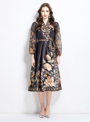 Palace Bubble Sleeve V-neck Printed Dress