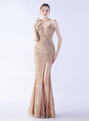 Spaghetti Straps Mermaid Sequins Prom Dress