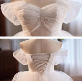 White Tulle Pearls Pleats Wedding Dress