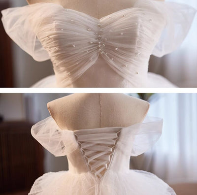 White Tulle Pearls Pleats Wedding Dress