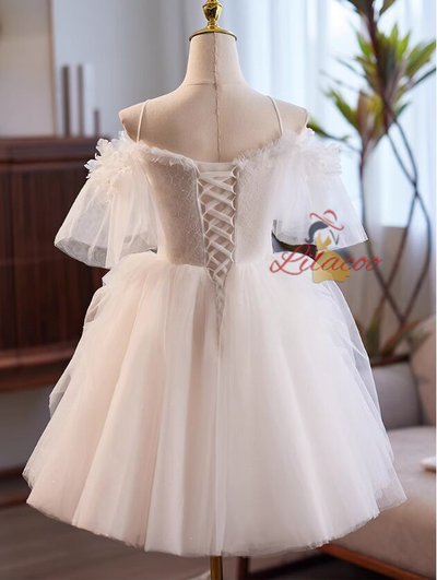 White Tulle Lace Spaghetti Straps Wedding Dress