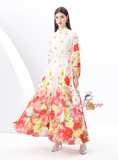 Retro Stand-up Printed Long Dress