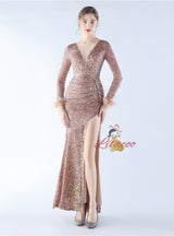 Long Sleeve Mermaid Sequins Split Prom Dress
